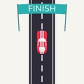 Red racing car crossing the finish line. Car Race design template in flat style with asphalt road and sport car icon. Top view bac Royalty Free Stock Photo